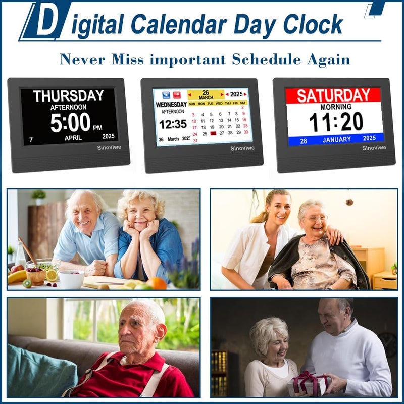 Sinoviwe Digital Alarm Clock 7" HD Large Screen Digital Calendar with Auto-Dimming, Clear Day/Date Display for Alzheimer's Dementia Seniors & Low Vision with Remote Control and Custom Reminder Function(Black) - Image 2